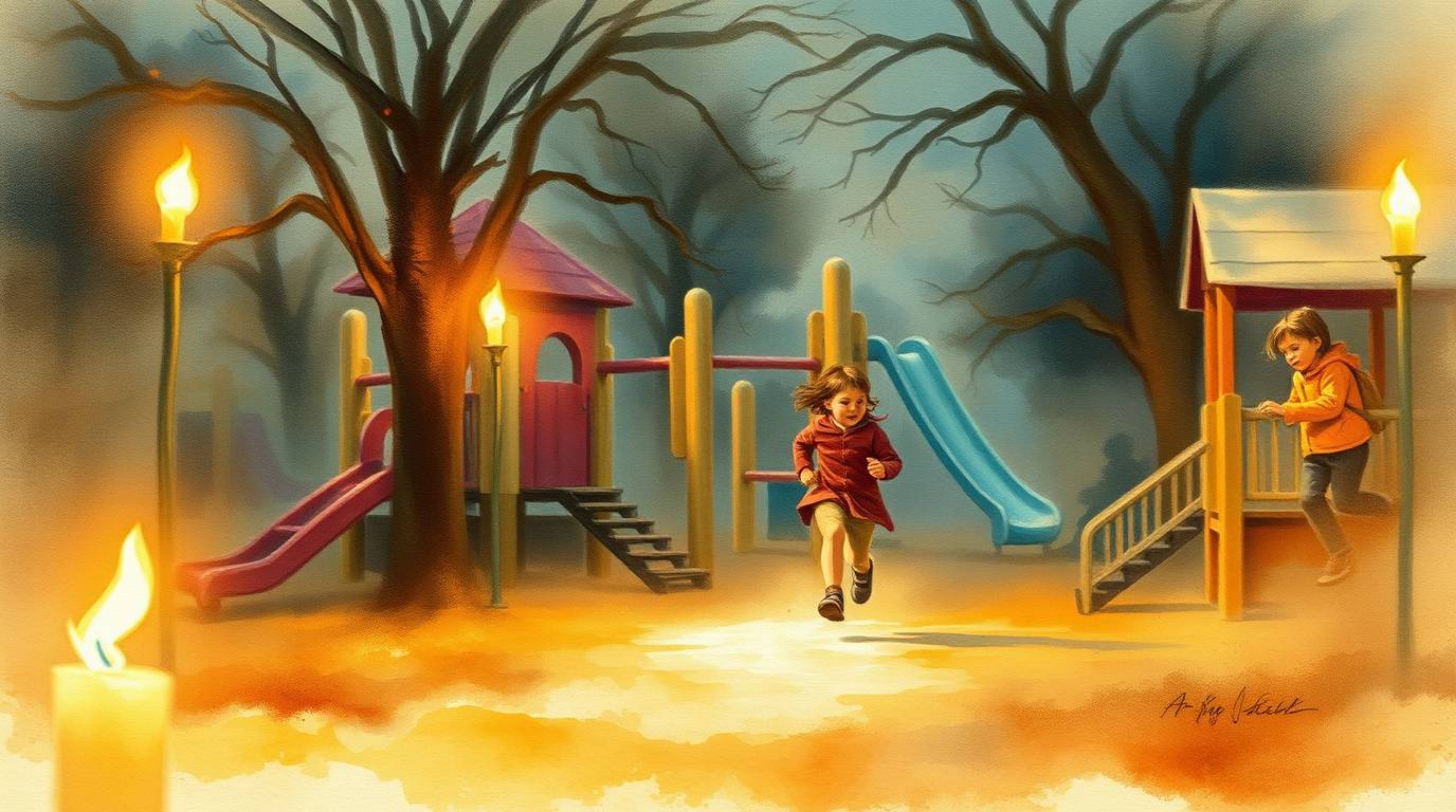 A captivating watercolor painting depicts a dramatic slow-motion run through a playground, bathed in the warm glow of candlel