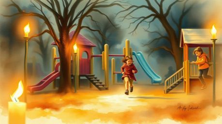 A captivating watercolor painting depicts a dramatic slow-motion run through a playground, bathed in the warm glow of candlel