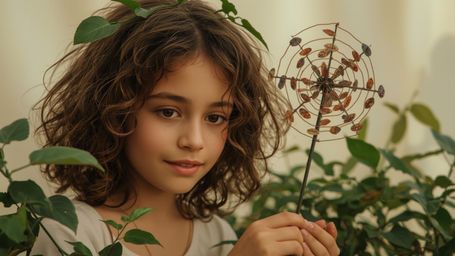 In a cinematic, whimsical photograph with a Pixar-esque flair, a bright-eyed, freckled, and curly-haired young homeschooled g