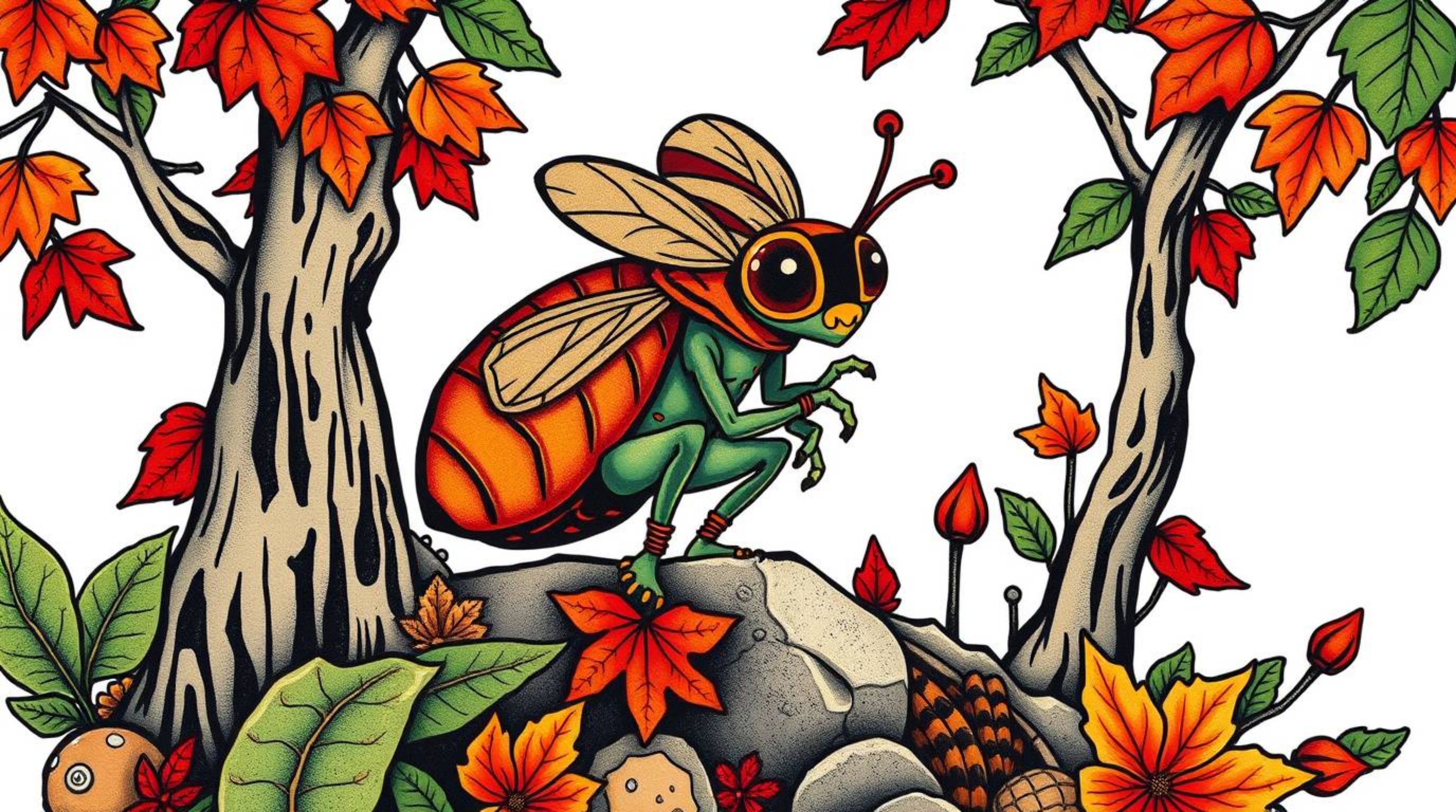 A unique and symbolic tattoo art print showcases a miniature hero navigating a vibrant backyard jungle.  Rendered in warm aut