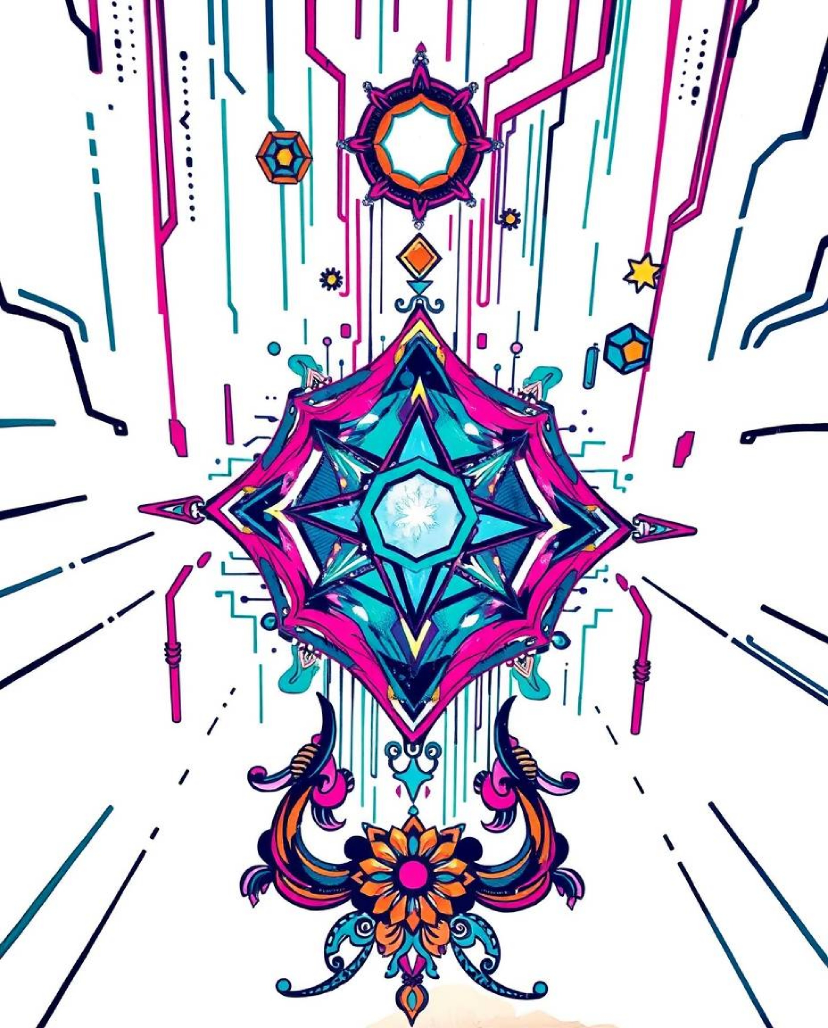 A vibrant, high-angle perspective showcases a traditional tattoo art print featuring glitched geometric shapes floating withi