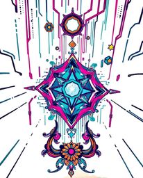 A vibrant, high-angle perspective showcases a traditional tattoo art print featuring glitched geometric shapes floating withi