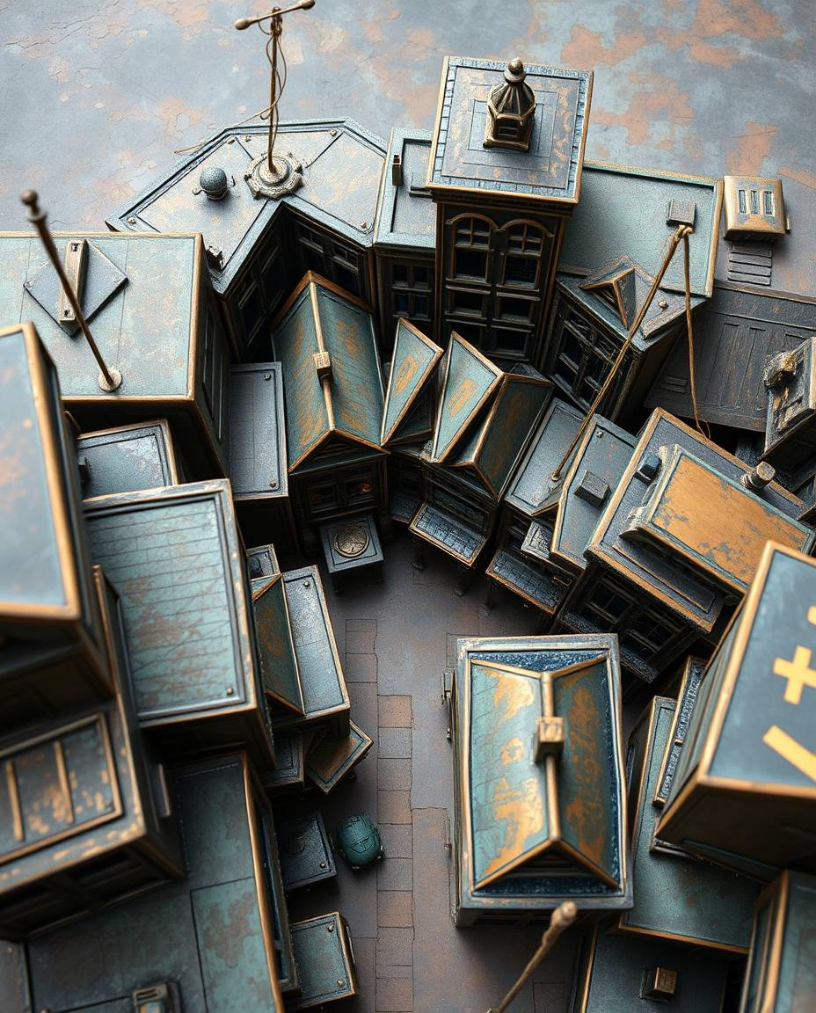 This artwork presents a captivating top-down view of a surreal street, rendered with a bronze surface and patina finish. Buil
