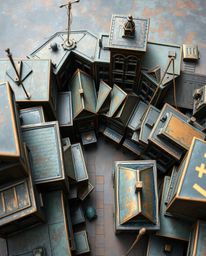 This artwork presents a captivating top-down view of a surreal street, rendered with a bronze surface and patina finish. Buil