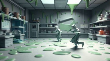 Experience a dynamic, origami-style animation of a slime-covered science lab in motion.  The scene features sharp creases, bl