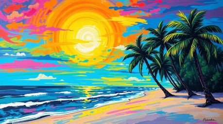 Experience the warmth of a tropical beach sunset captured in a bold acrylic painting. Swaying palm trees silhouette against a