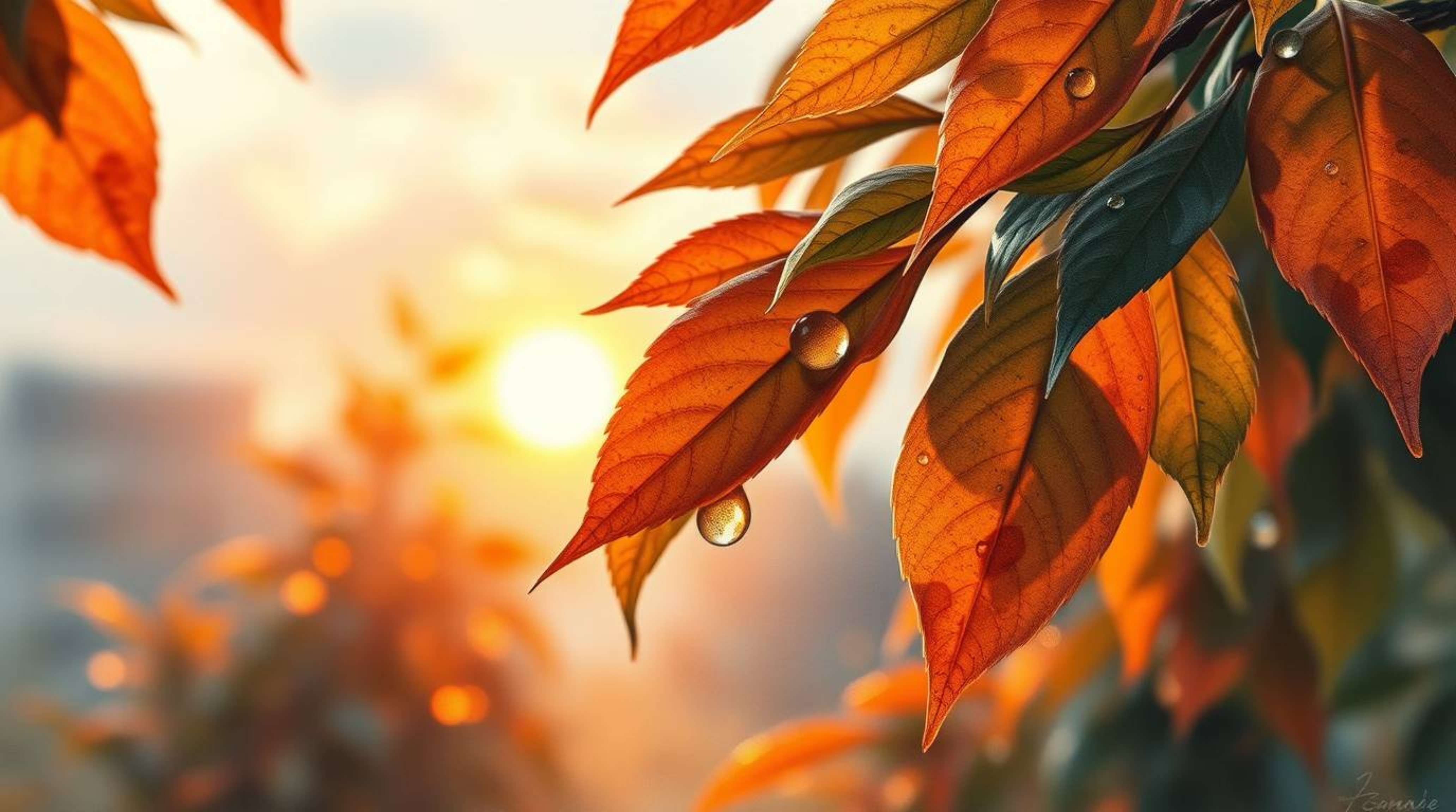 Experience an epic watercolor painting depicting a breathtaking sunset reflecting in raindrops clinging to leaves, set within