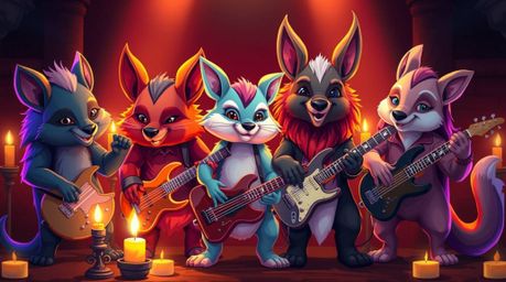 A whimsical scene featuring a band of cartoon animals passionately playing rock music. The scene is illuminated by the warm g