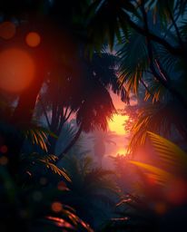 A digitally painted scene capturing a sunset peeking through a dense jungle canopy that is alive with glowing bioluminescent 