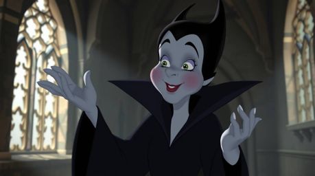 A classic Disney villain, with soft features and light skin, casts a spell within an ancient castle bathed in soft, diffused 