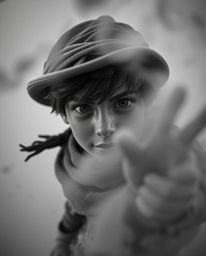 An extreme close-up, black and white macro photograph captures a Disney-style brave hero amidst a foggy desert adventure.  Th