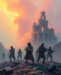 Experience a battlefield where time is warped, soldiers clash amidst crumbling buildings, and an ethereal spiritual vibe perm