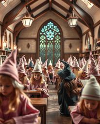 Discover a high-resolution stock photo of a magical school brimming with young wizards.  The image features a gentle and soot