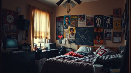 Explore a captivating fine art photograph capturing the essence of a messy bedroom filled with peculiar gadgets and vibrant p