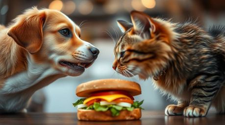 A captivating photograph depicting a humorous and chaotic scene: a dog and a cat locked in a fierce battle over a giant sandw