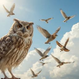 A heartwarming Pixar-style photograph depicts a wise, blind owl with soft, muted feathers teaching a diverse group of vibrant