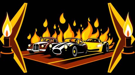 A unique logo design inspired by warm candlelight depicts a wacky racing scene featuring outlandish cars.  The design incorpo