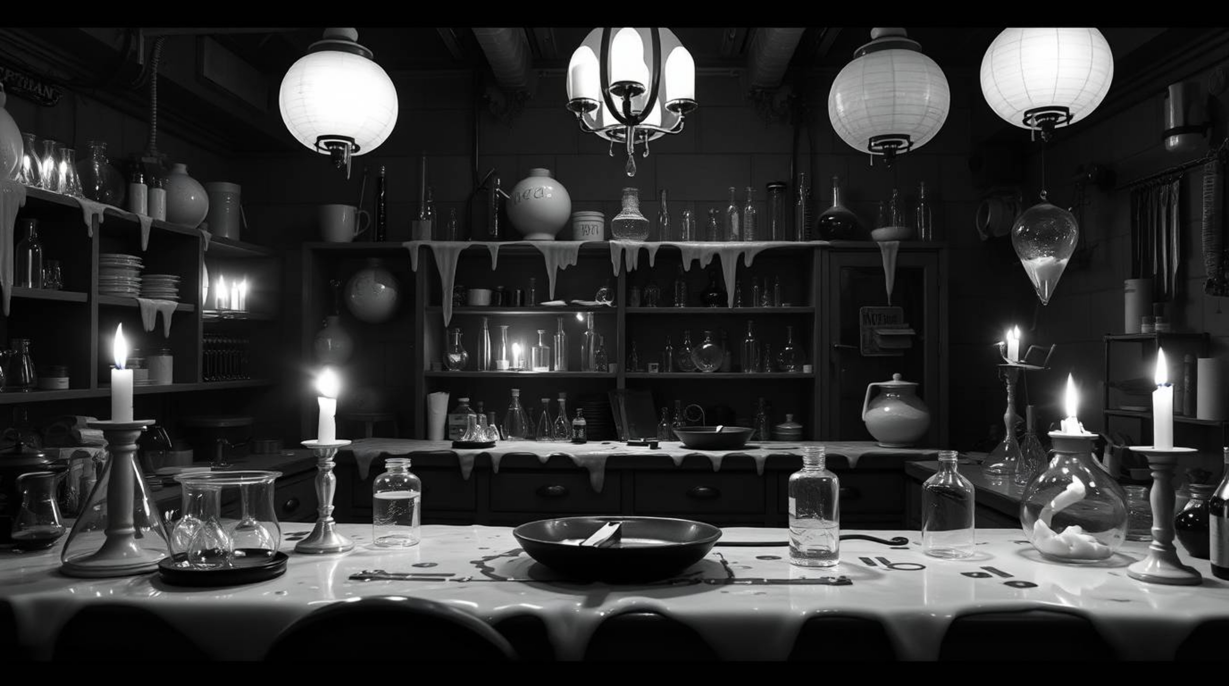 A captivating black and white image depicts a slime-covered science lab bathed in the warm, flickering glow of candlelight. T