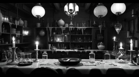 A captivating black and white image depicts a slime-covered science lab bathed in the warm, flickering glow of candlelight. T