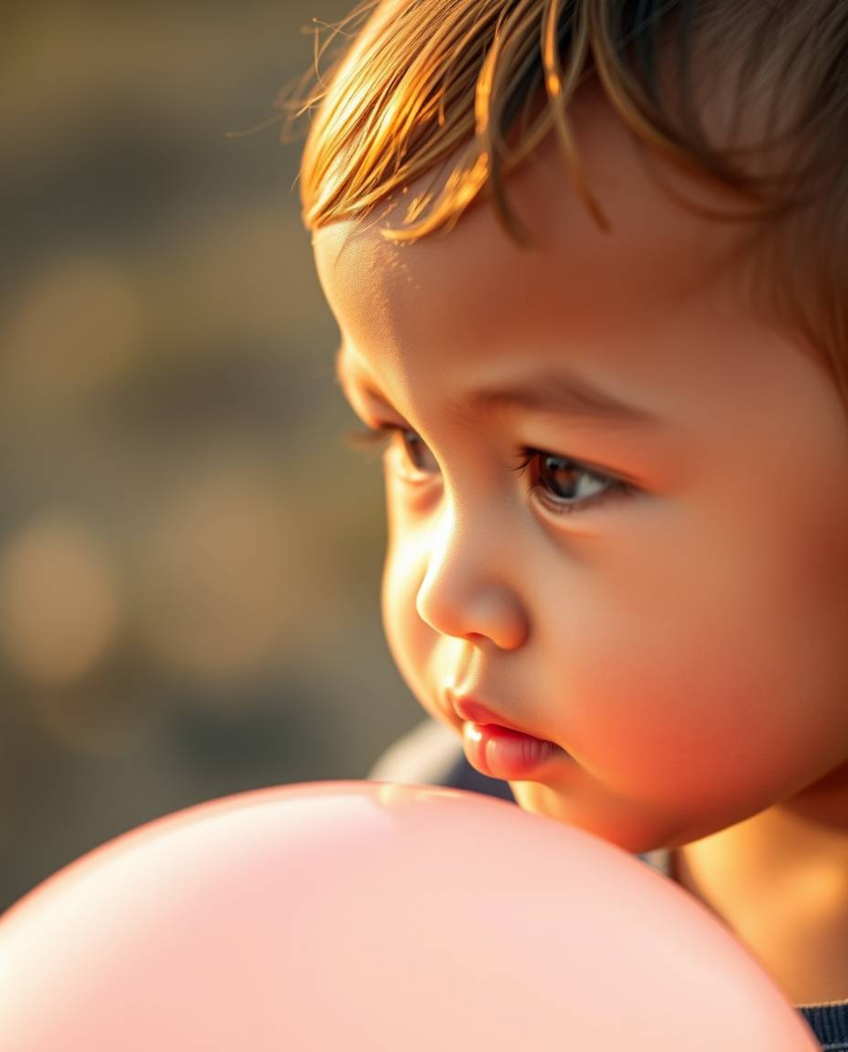 A stunning extreme macro close-up captures a child with tan skin holding a pastel-colored balloon in the warm, soft light of 