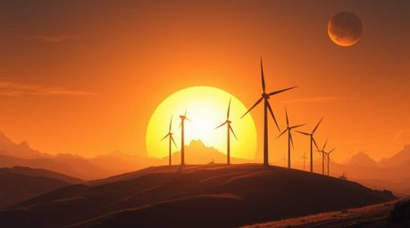 Explore a futuristic sci-fi illustration depicting a breathtaking sunset behind wind turbines perched atop a hill. This epic 