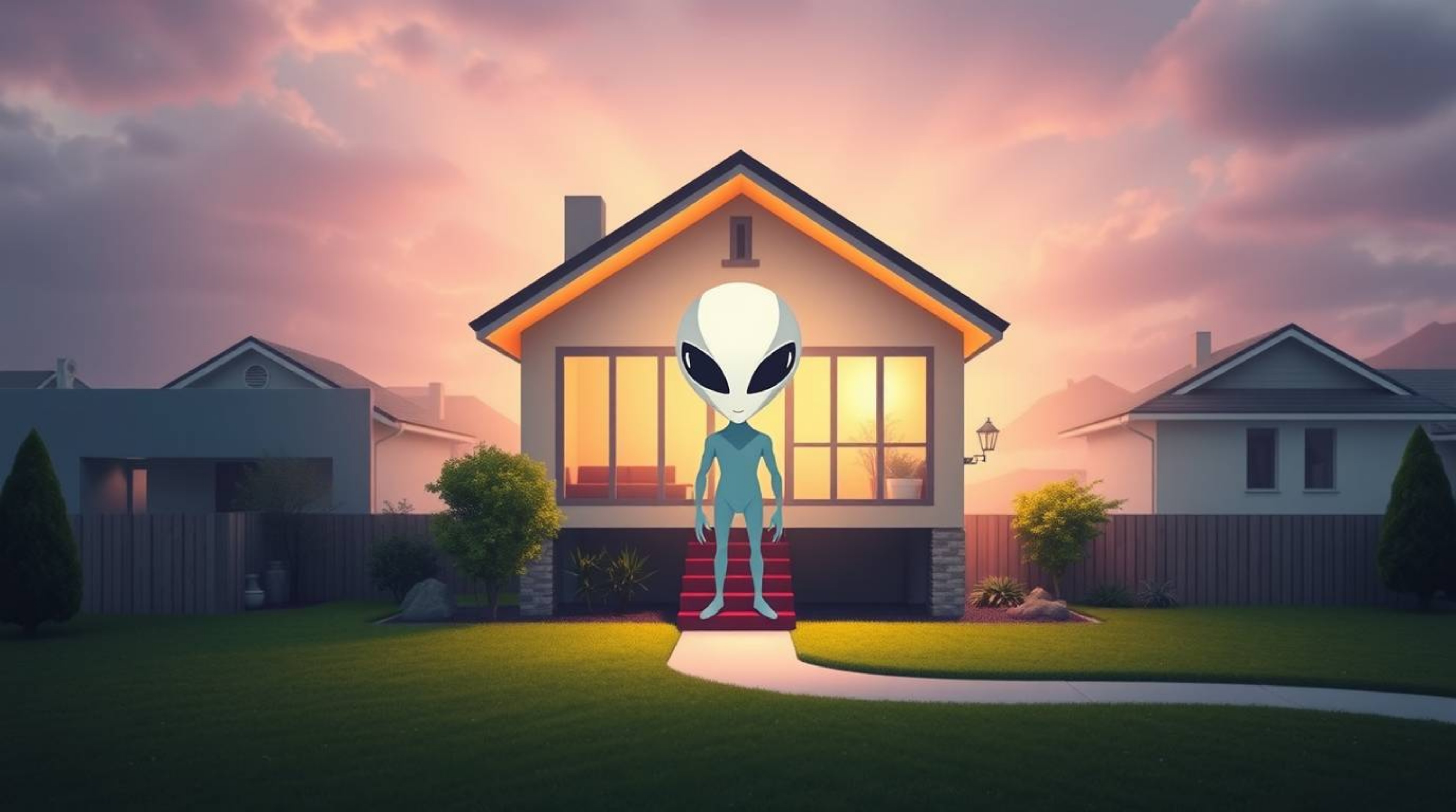 A captivating geometric logo depicting an alien residing in a suburban house.  The design features clean lines, balanced symm