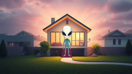 A captivating geometric logo depicting an alien residing in a suburban house.  The design features clean lines, balanced symm