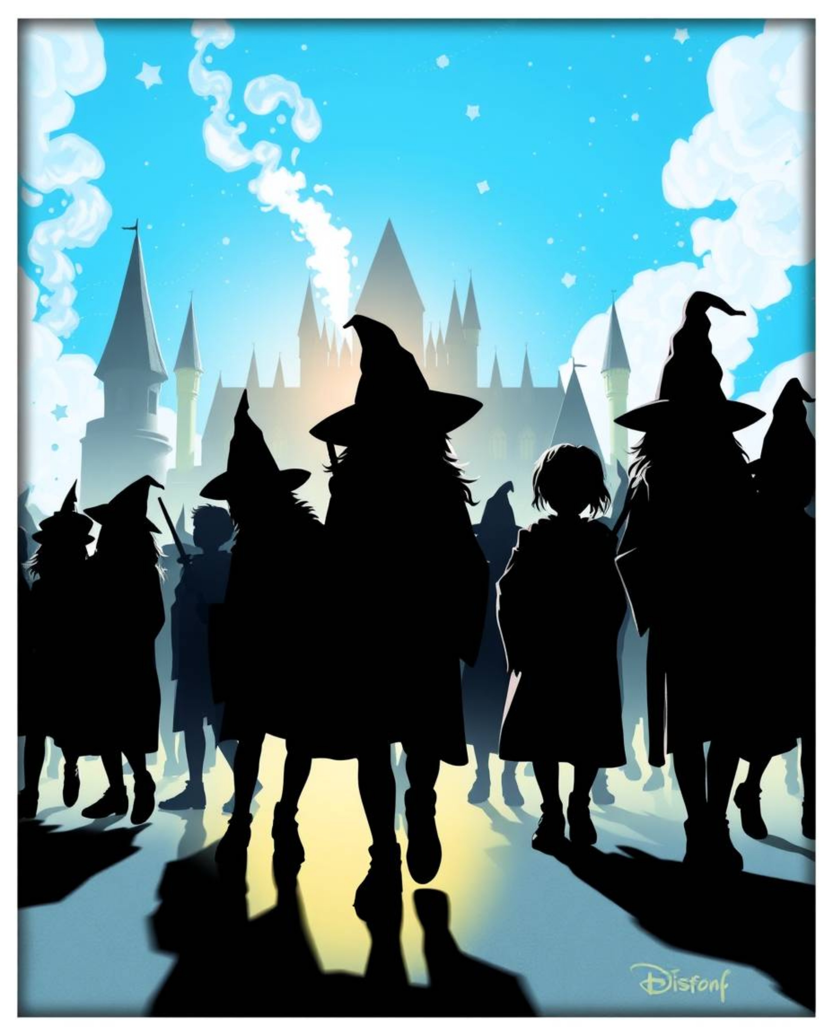 Experience the vibrant energy of a magical school teeming with young wizards, silhouetted against a dazzling backdrop. This l