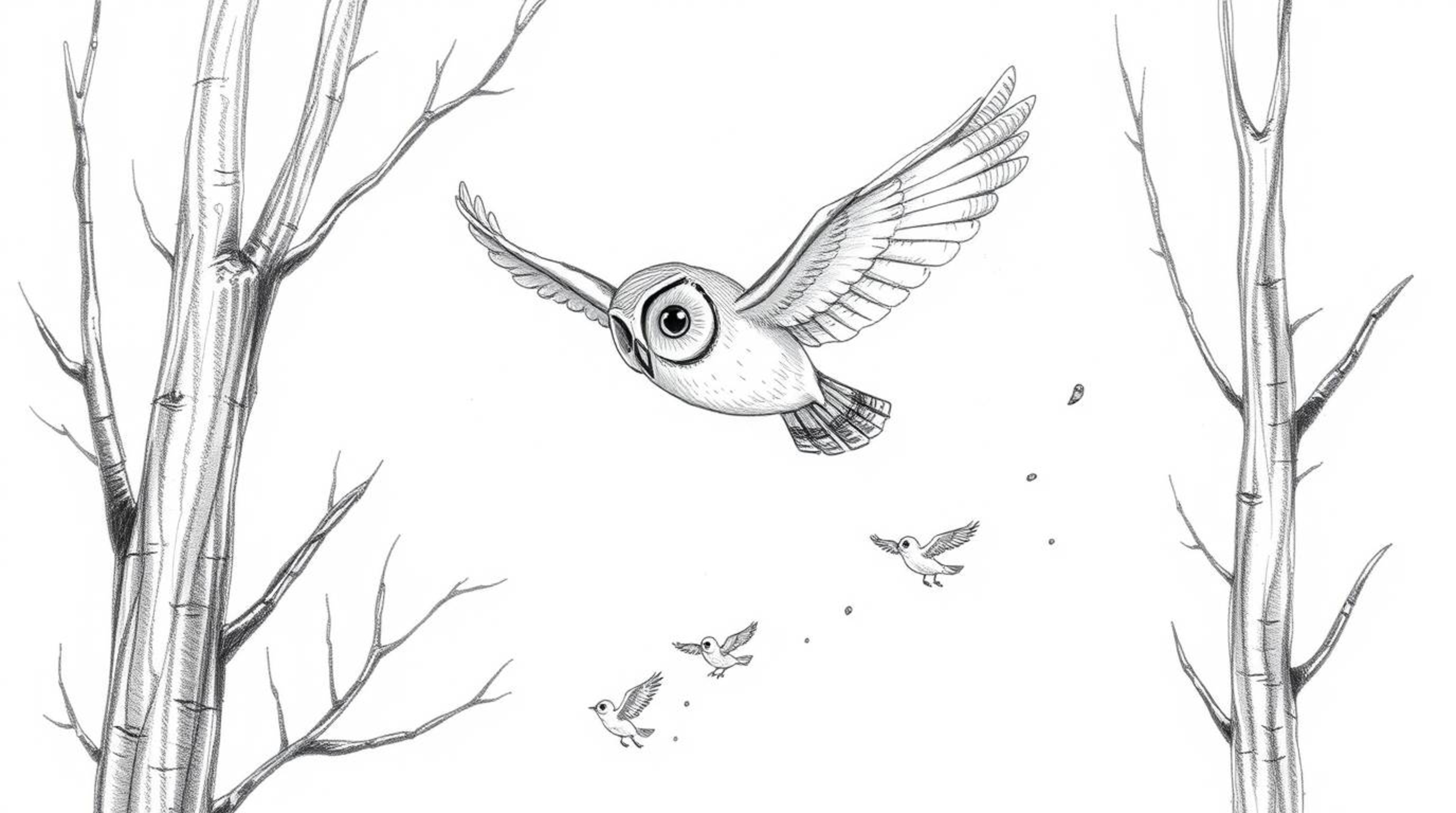 A captivating hand-drawn pencil sketch depicts a Pixar-esque blind owl gracefully gliding between trees, followed by a flock 