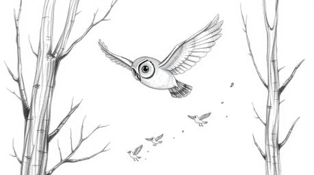 A captivating hand-drawn pencil sketch depicts a Pixar-esque blind owl gracefully gliding between trees, followed by a flock 