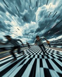Experience a dynamic motion scene filled with intense drama, featuring stormy skies, high tension, and blurred lines in actio