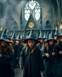 Discover a breathtakingly beautiful image of a magical school brimming with young wizards.  Rendered in a cinematic style wit