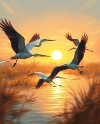 A dynamic digital painting of herons flying in a golden hour wetlands scene. This artwork masterfully uses blurred lines and 