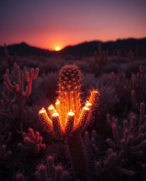 A surreal infrared image captures a desert cactus glowing in the last rays of the sun. This piece emphasizes the infrared spe