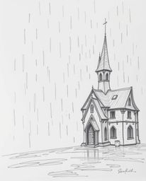 A hand-drawn sketch of a magical school depicted in a wet, rainy scene. The artwork features rough textured pencil strokes ag