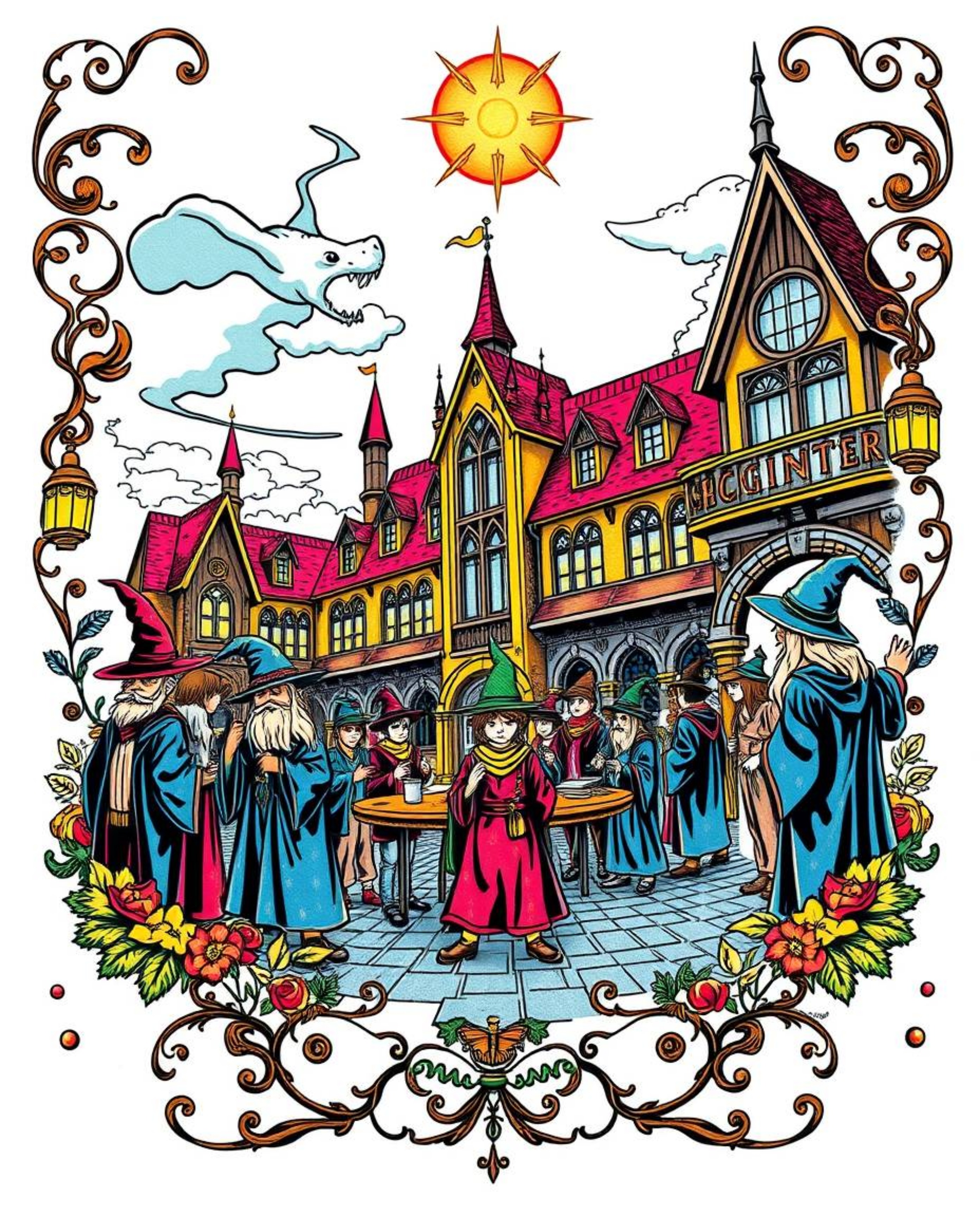 This vibrant, traditional tattoo-style print features a magical school brimming with young wizards. The artwork boasts a retr