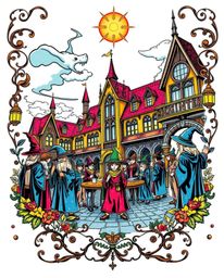 This vibrant, traditional tattoo-style print features a magical school brimming with young wizards. The artwork boasts a retr