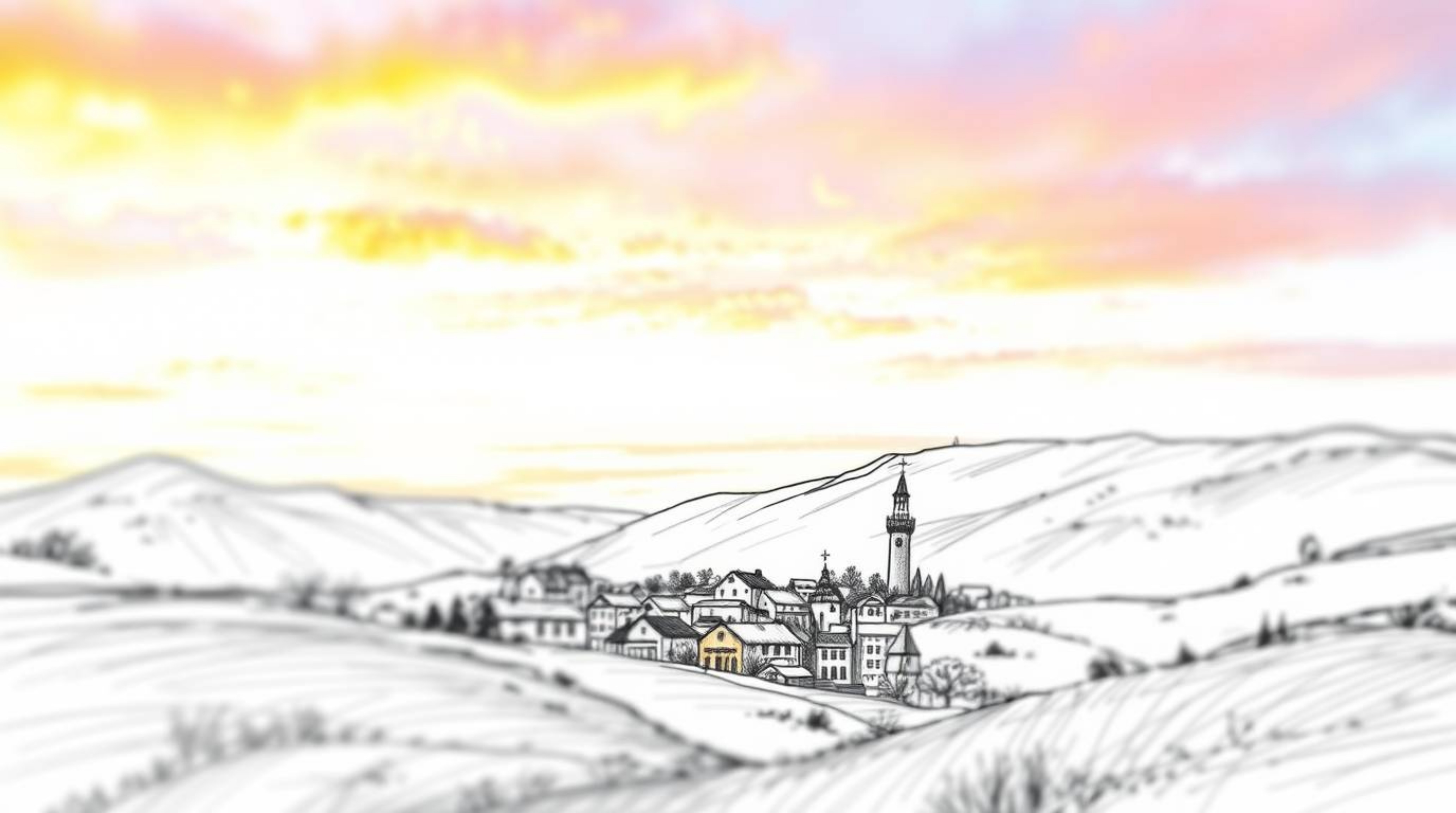 A captivating hand-drawn sketch depicts a cozy village nestled in a picturesque valley under a vibrant, colorful sky.  The im