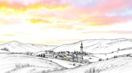 A captivating hand-drawn sketch depicts a cozy village nestled in a picturesque valley under a vibrant, colorful sky.  The im