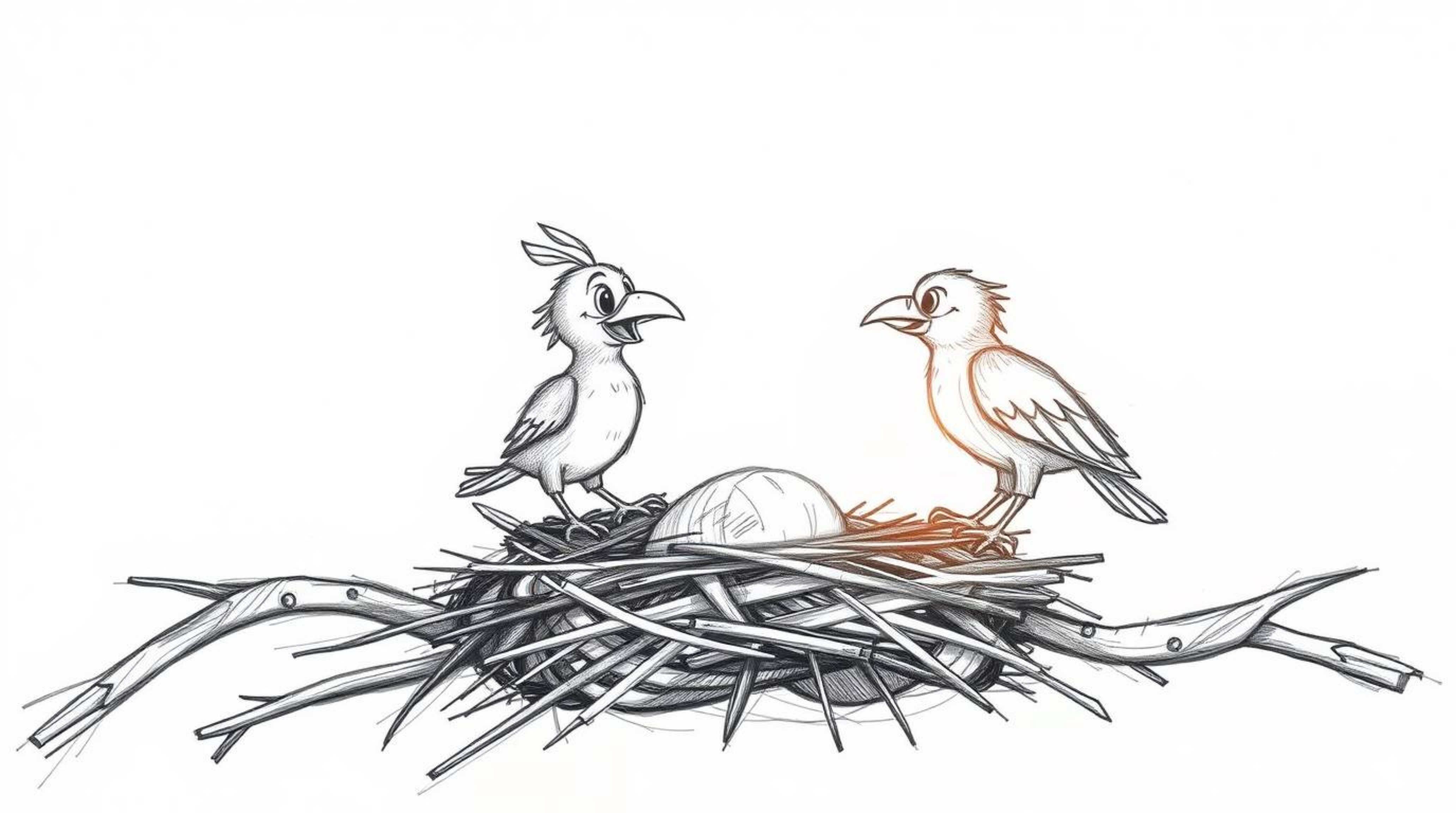 A captivating hand-drawn sketch depicting two cartoon birds constructing a nest in a classic animation style.  The scene is r