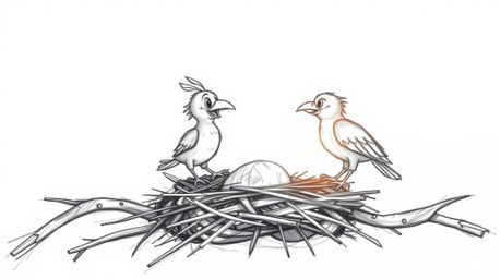 A captivating hand-drawn sketch depicting two cartoon birds constructing a nest in a classic animation style.  The scene is r