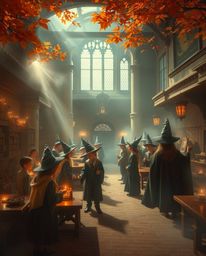 Immerse yourself in a magical school brimming with young wizards, rendered in a soft, dreamy atmosphere bathed in warm autumn