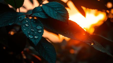 Immerse yourself in the beauty of a rich, deep teal sunset reflected in delicate raindrops clinging to vibrant leaves. The sc