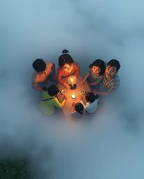 This Pixar-style family reunion scene captures a heartfelt moment amidst thick fog, offering a unique overhead bird's-eye per