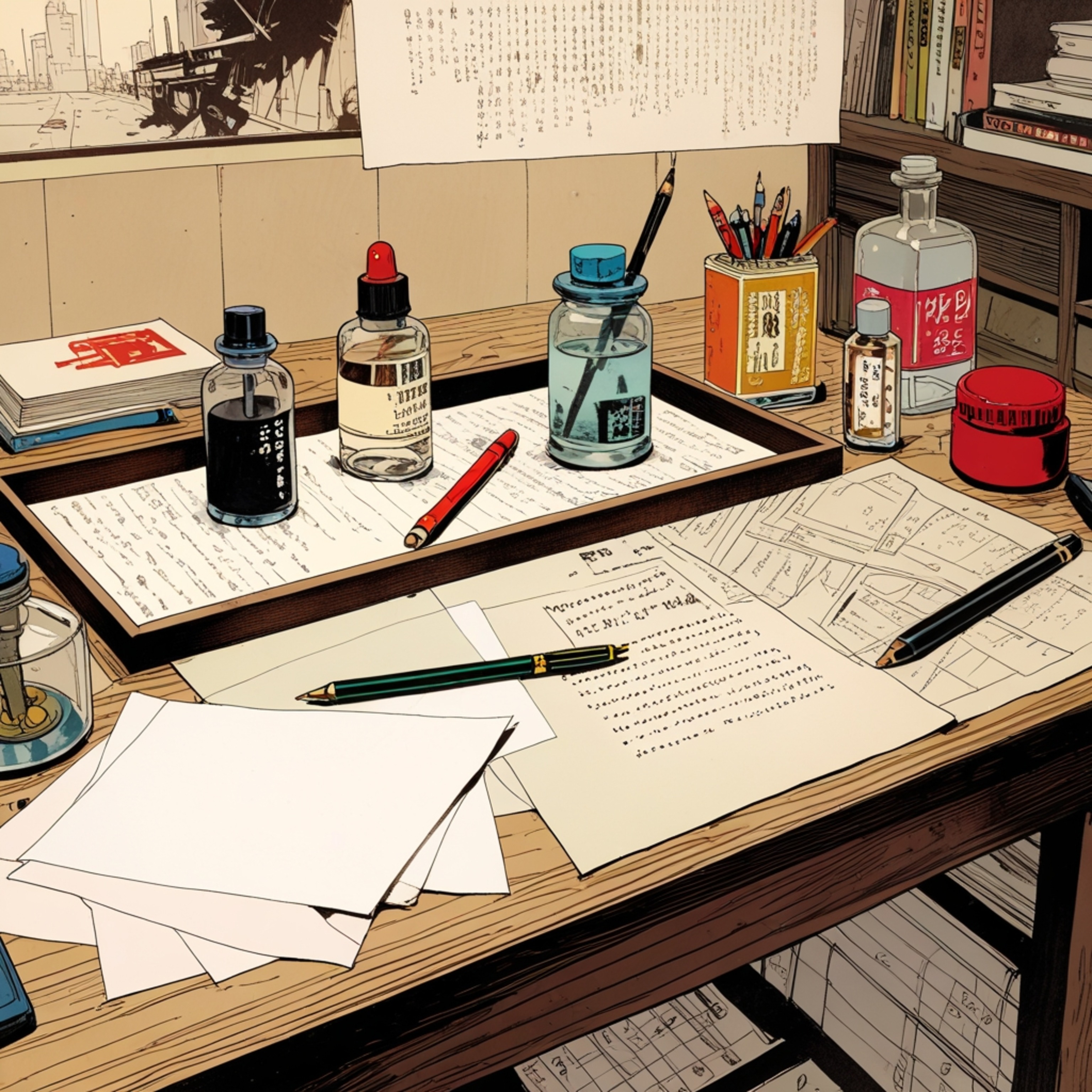 A nostalgic collection featuring vintage postcards, classic pens, and an antique ink bottle artfully scattered across a rusti
