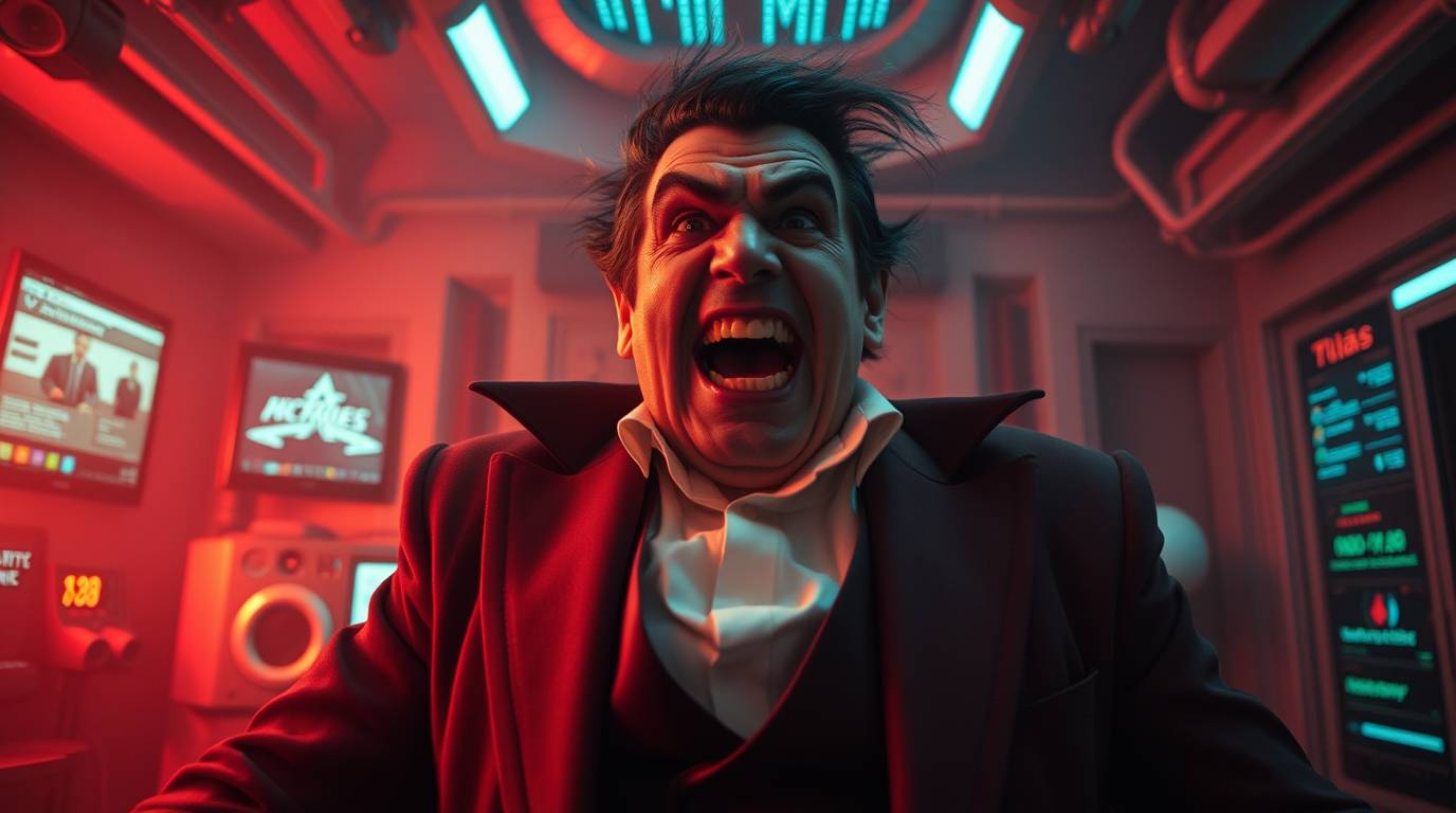 A professional photograph capturing a villain's comedic breakdown within a high-tech lair, utilizing warm tones, soft contras