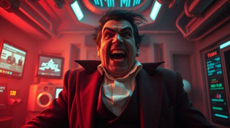 A professional photograph capturing a villain's comedic breakdown within a high-tech lair, utilizing warm tones, soft contras