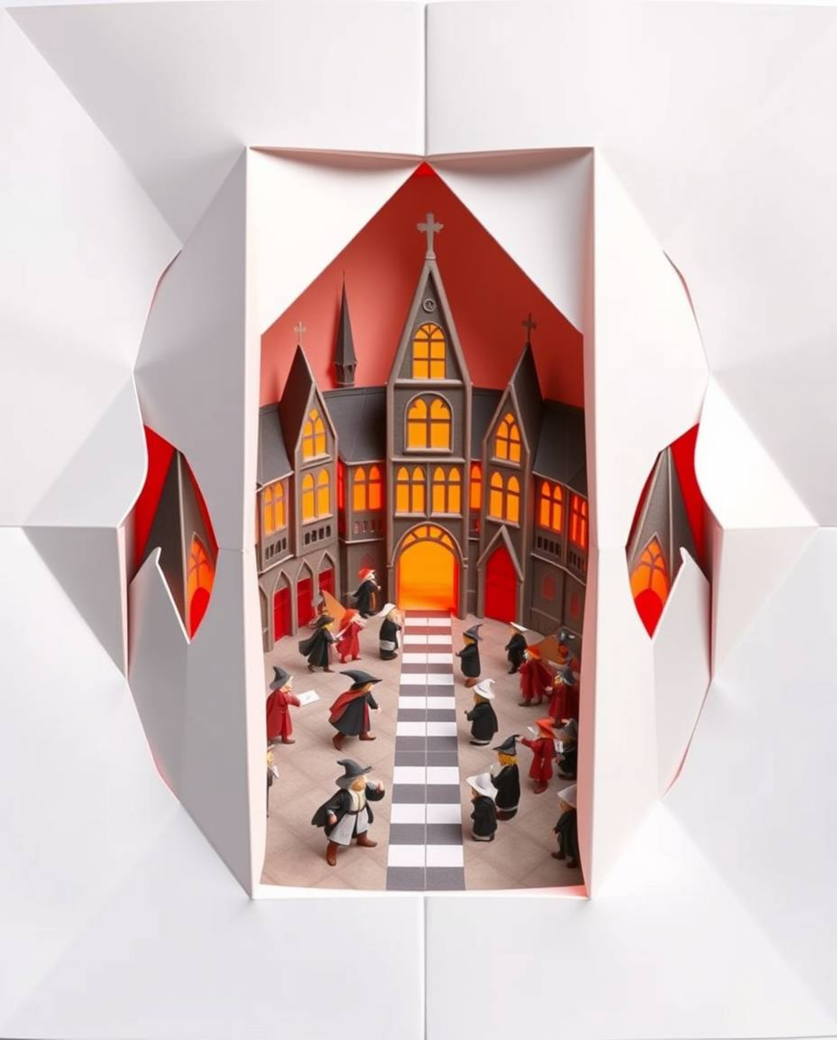 This artwork showcases an intricate origami style depicting a magical school brimming with young wizards. The design features