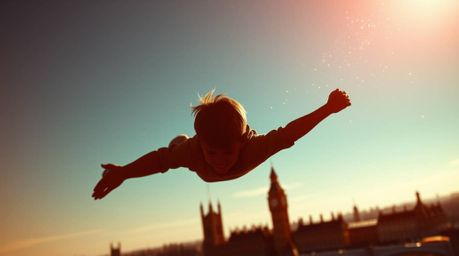 A captivating image of a young boy silhouetted against the London skyline, sprinkled with pixie dust and flying magically.  B
