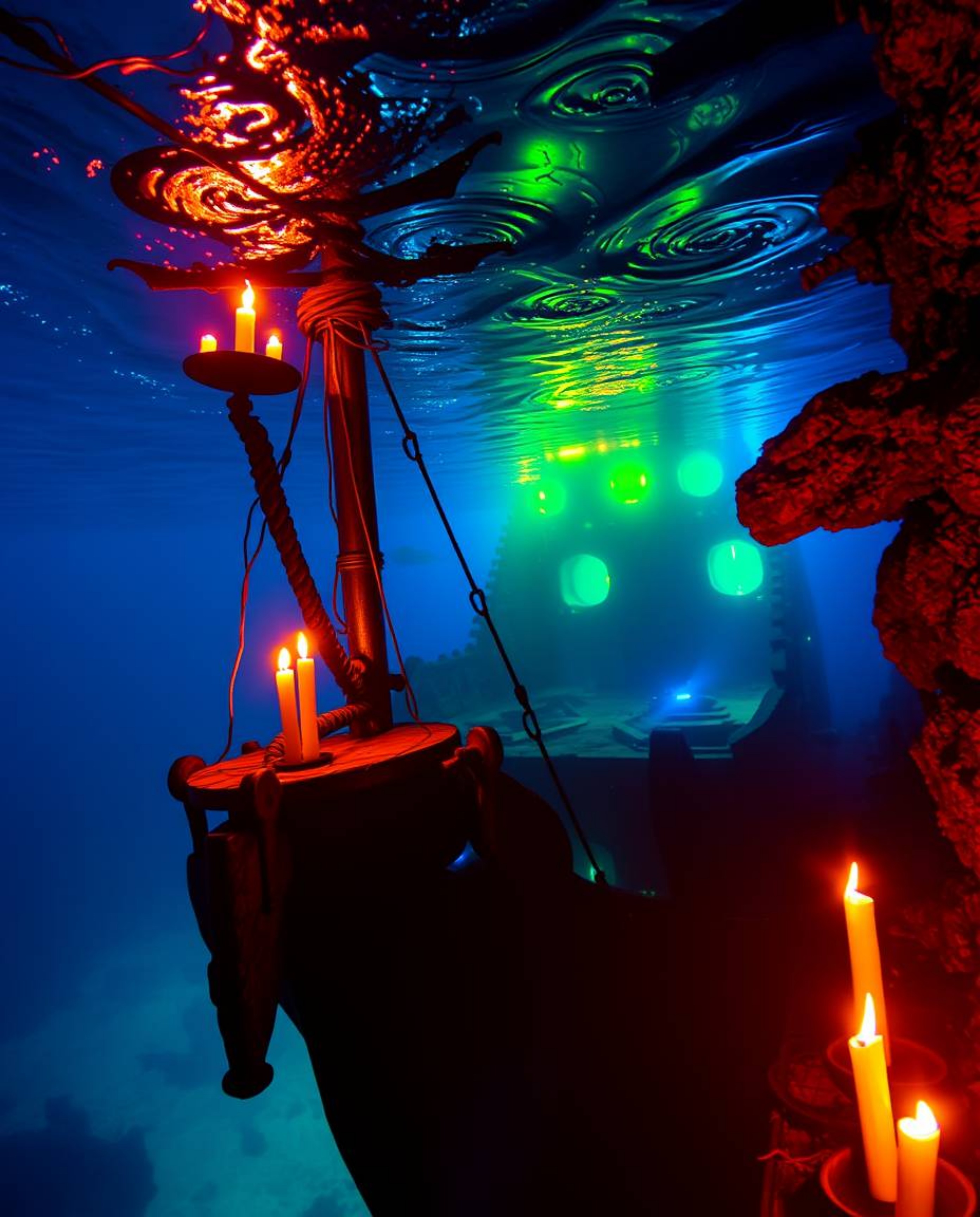 Experience the mesmerizing beauty of a vibrant underwater shipwreck scene.  Illuminated by flickering candlelight, this artwo